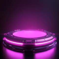 Poster - 3d tech hologram podium or light portal platform. Pink neon game stage. Hud futuristic teleport with fantasy glow effect. Cyber casino design with round base element to display product