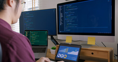 Digital transformation future workforce web DEV career development. Asia people young talent man busy work at home office reskill upskill martech job remote test on AI cloud computing cyber security.