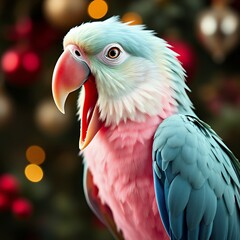 brightly colored parrot with open beak and mouth in front of christmas tree.