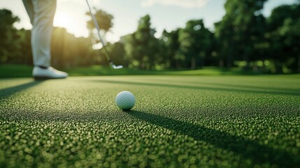 A golfer prepares to take a shot, with a focus on the golf ball on lush green grass under warm sunlight, creating a serene outdoor atmosphere.