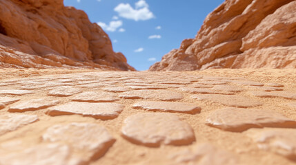 Scenic view of a rocky canyon pathway under a bright blue sky with fluffy clouds showcasing natural textures and vibrant earthy tones