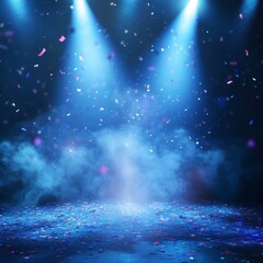 Poster - Empty background scene with spotlights and sparkling confetti. Show stage backdrop with spotlight effect. Rays through the fog. Smoke, fog. Motion futuristic background with particles. Vector EPS10.