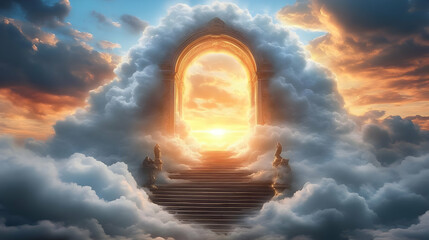 Poster - Heavenly Stairway: Gateway to Golden Cloudscape, Divine Ascent