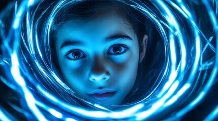 Poster - Young Girl Surrounded by Bright Blue Light Swirls