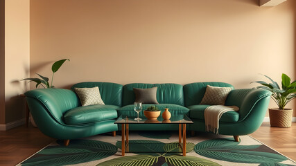 Wall Mural - The green sofa is complemented by a glass coffee table. Tropical style smooth beige wall tapestry.