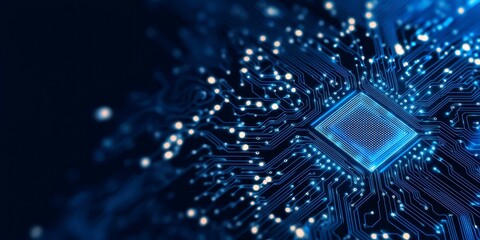 Innovative super micro computer circuitry technology lab digital visuals dark environment close-up viewpoint future concept