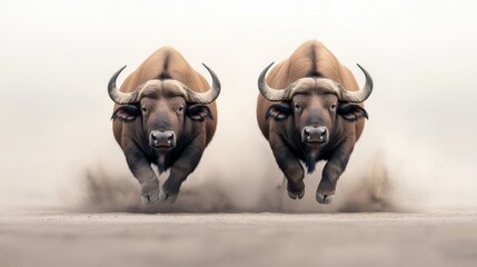 two buffaloes charging towards the viewer on a dusty landscape with dust clouds trailing behind them