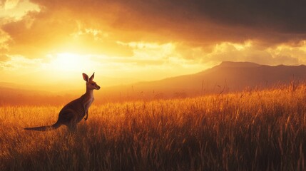 Wall Mural - Kangaroo Enjoying a Serene Sunset in a Golden Field with Breathtaking Mountains in the Background Under a Dramatic Sky Filled with Clouds and Warm Colors