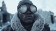 © Oldcorporal - Black man in winter gear with frosted goggles in cold war zone