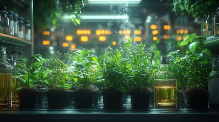 Indoor herbal garden setup urban greenhouse photography lush environment close-up view sustainable living concept