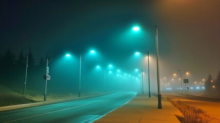 Wall Mural - A quiet, fog-laden road at night, with rows of streetlights emitting a calming blue-green glow through the mist