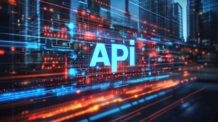 Digital technology background featuring the highlighted API acronym surrounded by abstract high tech elements and binary code