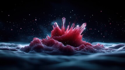 Wall Mural - A vibrant, abstract explosion of red hues rising from a cloud-like surface, set against a dark, starry background.