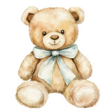 Cute teddy bear with a blue bow sitting on a white background