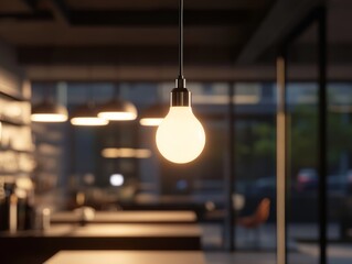 Leinwandbilder - A solitary LED light bulb hangs from a ceiling, casting warm light and gentle shadows on the streamlined cabinetry of a stylish kitchen in the evening