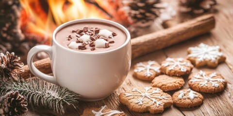 December festive travel and relaxation concept. A cozy scene featuring a cup of hot chocolate topped with marshmallows, alongside festive cookies, set against a warm fireplace atmosphere