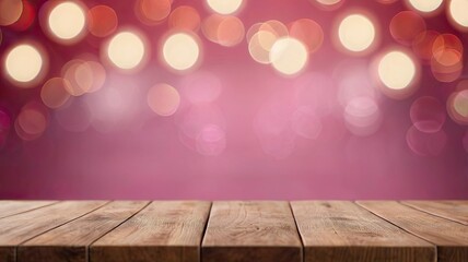 Wall Mural - Empty wooden table over pink bokeh lights background. Valentine's day or women day concept celebration.