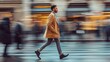 © sambath - A dynamic shot of a male model in motion, walking down a street with his fashion-forward outfit highlighted.