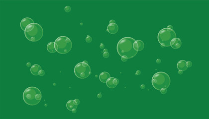 Aufkleber - Air bubbles underwater on a green background. flying bubbles. realistic white transparent soap bubbles. glass bubble effect. detergent, soap, shampoo, foam