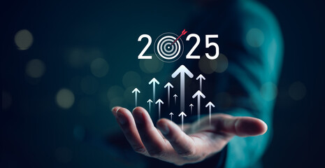 Poster - Goal and target business 2025 concept, Business people show arrow growth up, Investing in stock markets, funds and digital assets, Business finance technology and investment.