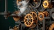 Intricate gears with steam, showcasing mechanical precision and craftsmanship.