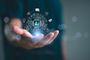 Aufkleber - Ai tech, businessman show virtual graphic Global Internet connect Chatbot Chat with AI, Artificial Intelligence. Using command prompt for generates something, Futuristic technology transformation.