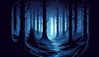 Poster - Pixel art illustration of A mysterious, dark forest with tall trees and a thick fog, illuminated by a faint blue light