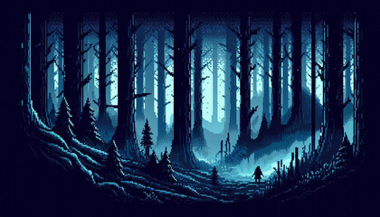 Poster - Pixel art illustration of A mysterious, dark forest with tall trees and a thick fog, illuminated by a faint blue light