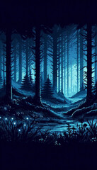 Poster - Pixel art illustration of A mysterious, dark forest with tall trees and a thick fog, illuminated by a faint blue light