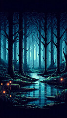 Poster - Pixel art illustration of A mysterious, dark forest with tall trees and a thick fog, illuminated by a faint blue light