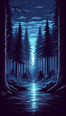 Poster - Pixel art illustration of A mysterious, dark forest with tall trees and a thick fog, illuminated by a faint blue light