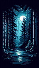 Poster - Pixel art illustration of A mysterious, dark forest with tall trees and a thick fog, illuminated by a faint blue light