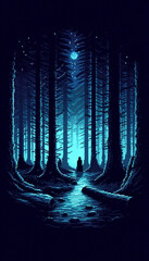 Poster - Pixel art illustration of A mysterious, dark forest with tall trees and a thick fog, illuminated by a faint blue light