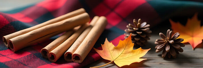 Wall Mural - Cozy autumn scene featuring cinnamon sticks, anise, fallen maple leaves, and pine cones on a warm plaid scarf._00001_