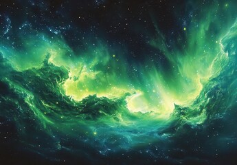 ethereal green galaxy with swirling clouds and distant stars, captivating cosmic artwork for space e