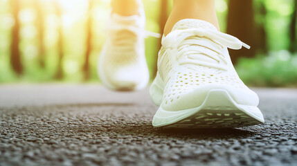 Person running in white sneakers on path by lush greenery, capturing energy and movement in nature.