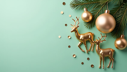 Wall Mural - a vertical top view captures deluxe baubles and festive reindeer on a light green background with go