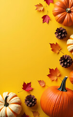 Wall Mural - A variety of pumpkins, autumn leaves, and pinecones are arranged on a bright yellow background for a seasonal fall display._00001_