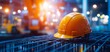 © KWONGRI Ai - A bright orange hard hat rests on steel rebar at a construction site, surrounded by blurred lights and machinery, symbolizing safety and industry.