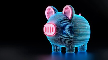 A digital piggy bank created from binary code, emitting a blue glow, symbolizing fintech.