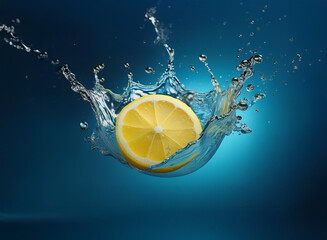 Poster - A vibrant lemon half creates a stunning splash in clear blue water.  The image is crisp, capturing the moment of impact with exquisite detail.