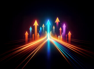 Poster - Vibrant, glowing arrows ascend a dynamic light trail, symbolizing growth, progress, and a bright future.  The converging lines suggest a journey towards success.