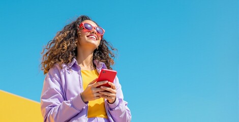 Wall Mural - Young Woman with Curly Hair Smiling and Using a Smartphone Against a Bright Blue Sky