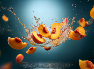 Poster - Juicy peach slices suspended in a vibrant water splash against a dark blue backdrop.  The image evokes freshness and summer.