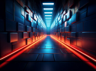 Poster - A futuristic corridor glows with vibrant orange and blue neon lights.  The walls are composed of dark, geometric panels, creating a sleek, modern aesthetic. The reflective floor enhances the sense of 