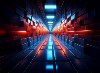 Poster - A futuristic, glowing corridor stretches into the distance.  Red and blue neon lights illuminate reflective, metallic walls and floor, creating a vibrant, symmetrical scene. The atmosphere is sleek an