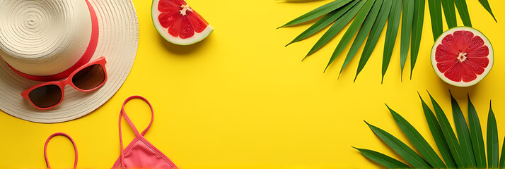Wall Mural - A colorful flat lay depicts a serene summer scene with sunhat, palm leaves, bikini, and tropical fruits on a bright yellow backdrop._00001_