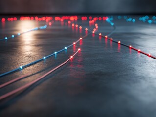 Fototapete - The artwork displays a pixelated digital stream of glowing red and blue dots on a dark background, highlighting themes of encryption and data flow