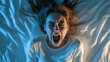 © Nemanja - Sleepless woman bedroom insomnia, stressed female night headache pillow, tired person lying frustrated expression, scared frightened emotion, troubled sleep disturbance