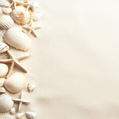 Wall Mural - Seashells and starfish on sandy beach background.